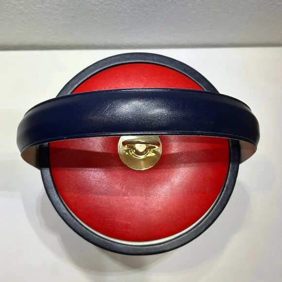 Vintage 70’s Georges Briard USA Navy / Red Leather Insulated Lidded Ice Bucket - Picture 4 of 14